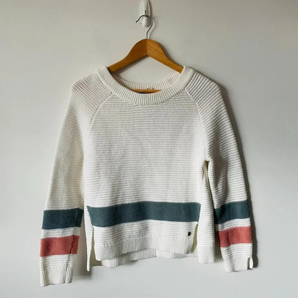 Roxy Ribbed Knit Stripe Long Sleeve Sweater  Jumper White Cotton Blend Sz Small - Picture 4 of 8